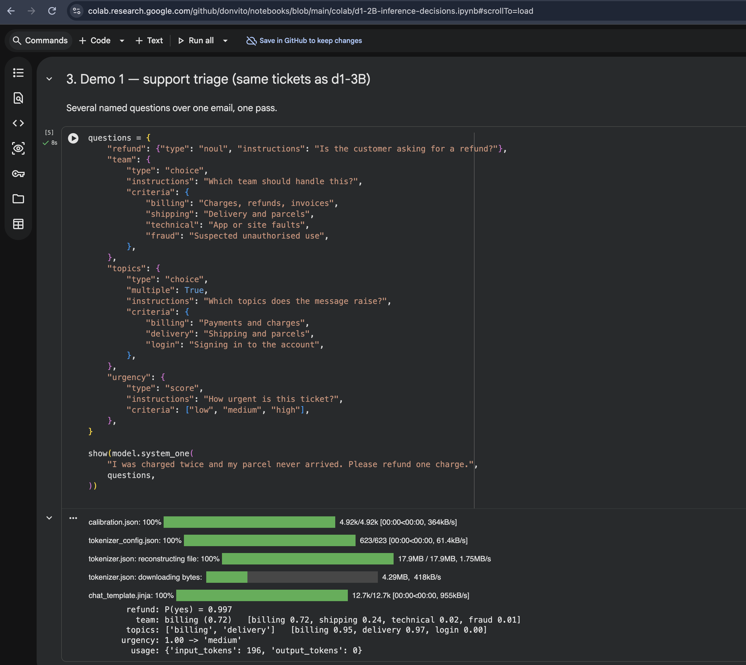 Google Colab notebook showing Liquid AI d1-2B support triage questions and results for a sample duplicate charge and missing parcel message.